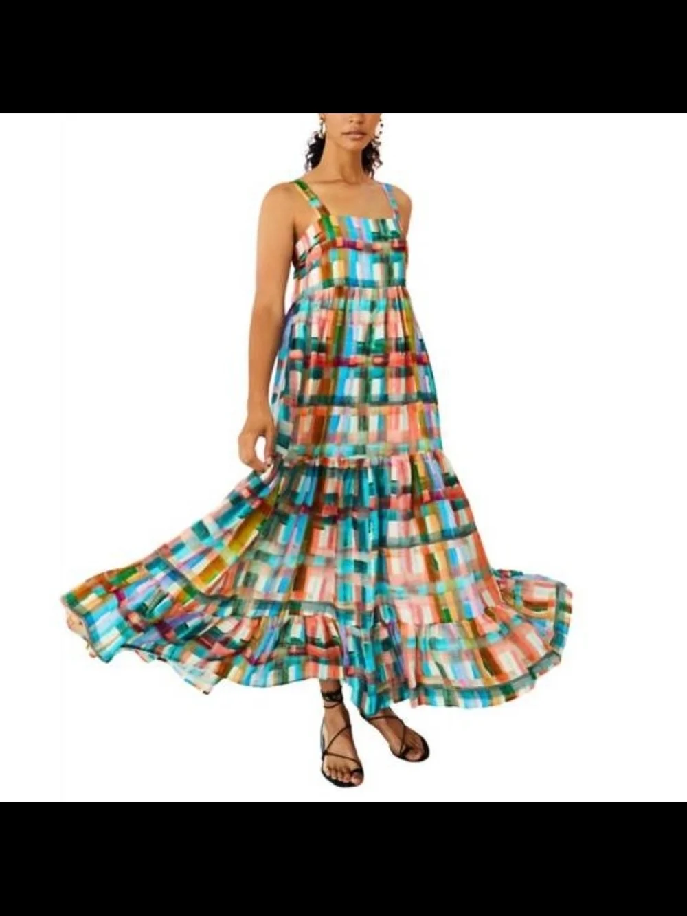 Marie Oliver Multicolor Colorful Plaid Linen Silk Sleeveless Petra Maxi Dress SM